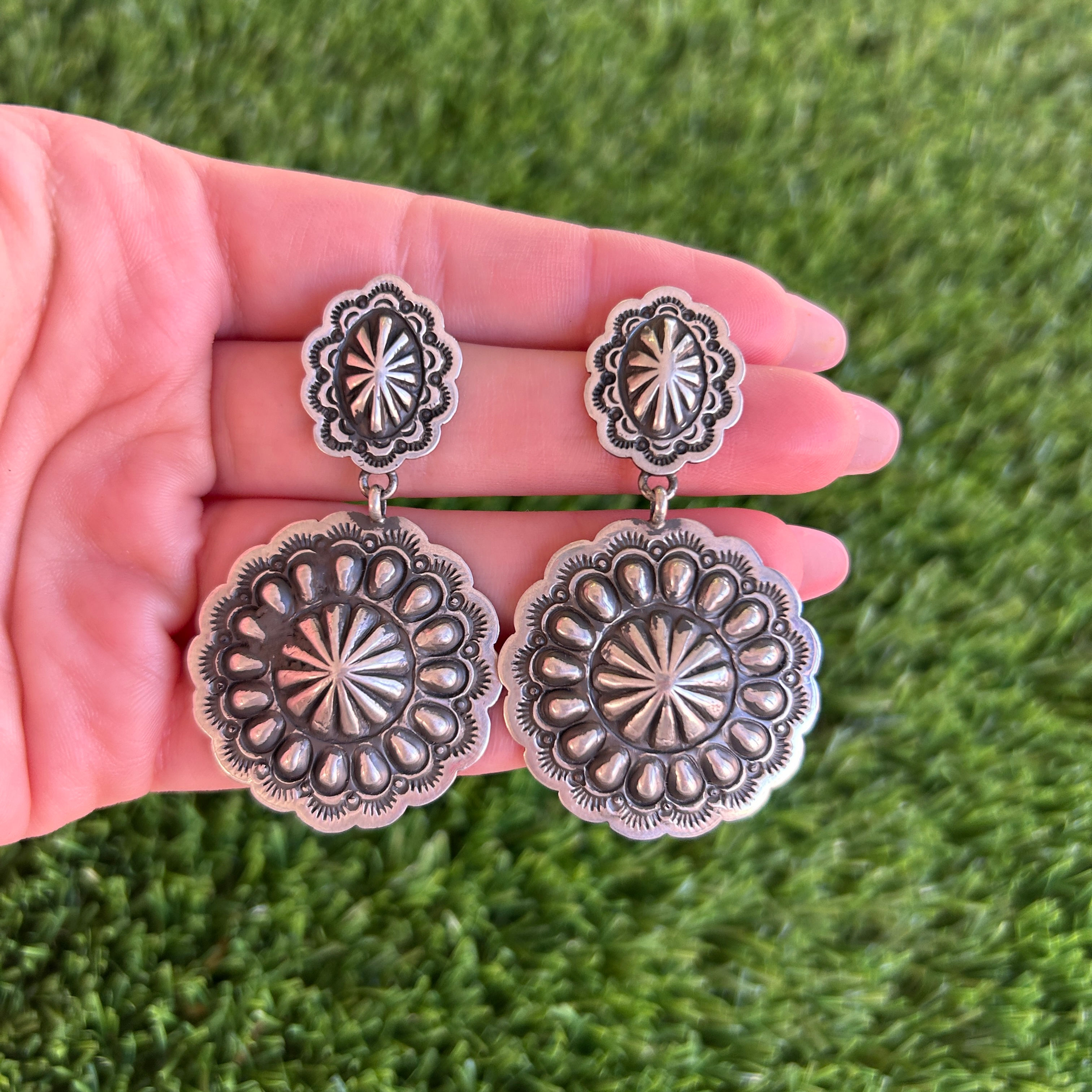 Sterling Silver 3D Stampwork Round Stud Earrings Handmade Navajo Tsosie White