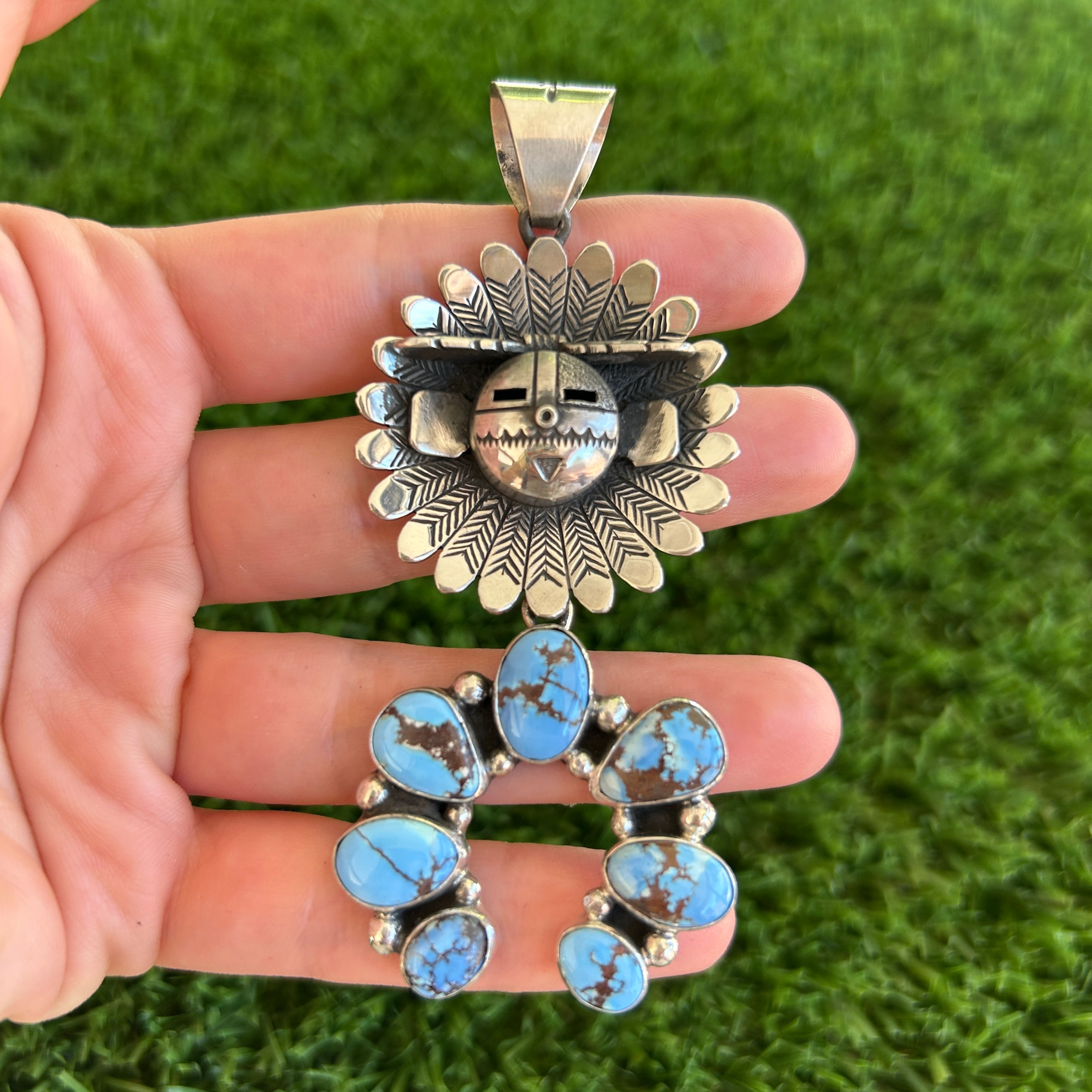 Golden Hills Turq Sunface Naja Kachina Pendant Handmade by Navajo Freddy Charley