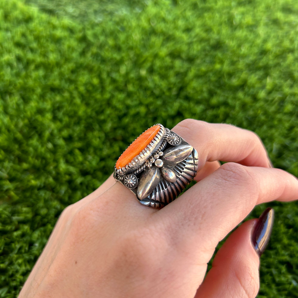 Thumbnail: Orange Spiny Sterling Silver Appliqué Ring Handmade by Navajo Delbert Gordon