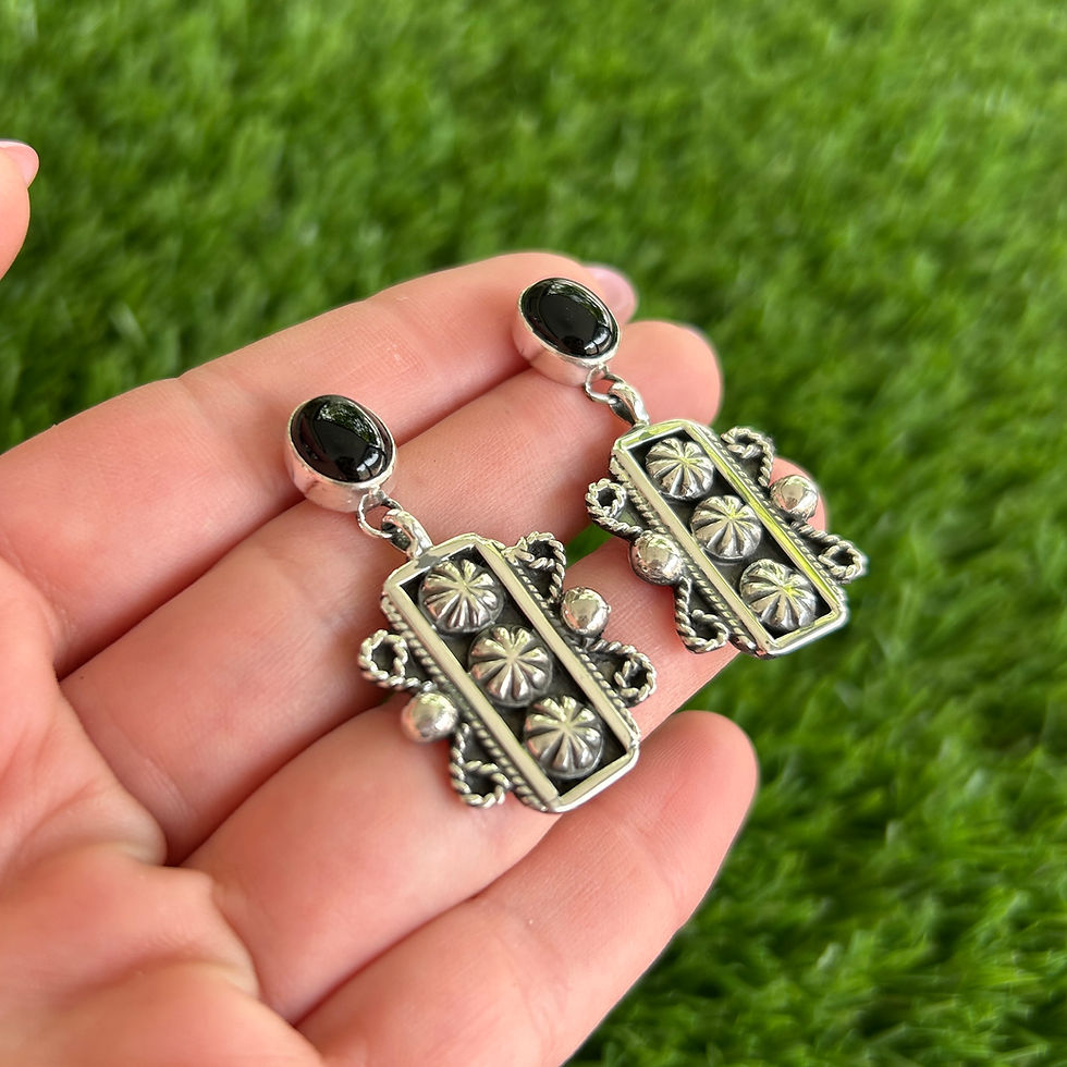 Thumbnail: Black Onyx Sterling Silver Ornamented Earrings Handmade Navajo Geneva Apachito