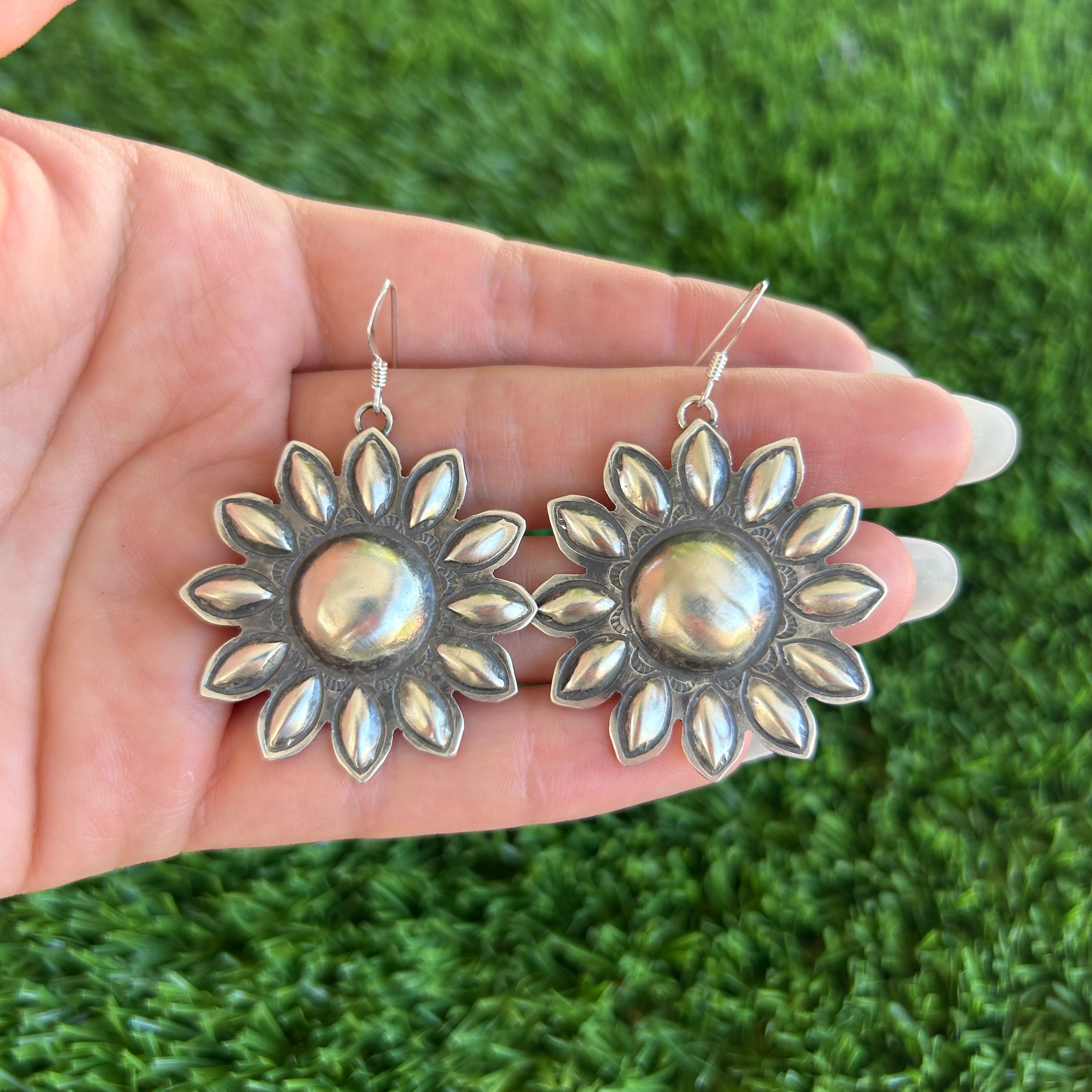 Sterling Silver Sunflower Cut-out Earrings Handmade by Navajo Dakota Willie
