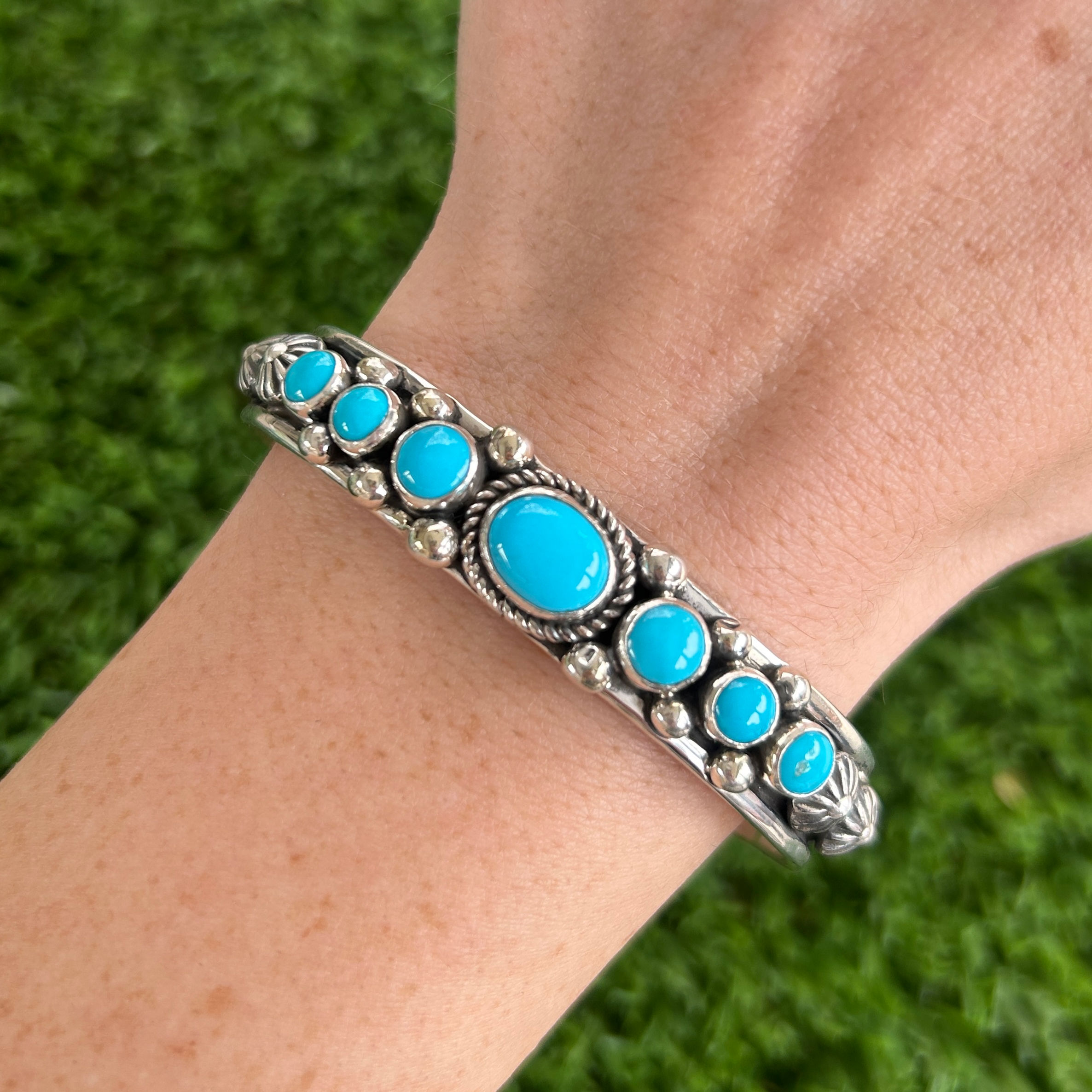 SM/MD Sleeping Beauty Turq Row Stacker Cuff Handmade by Navajo Albert Jake