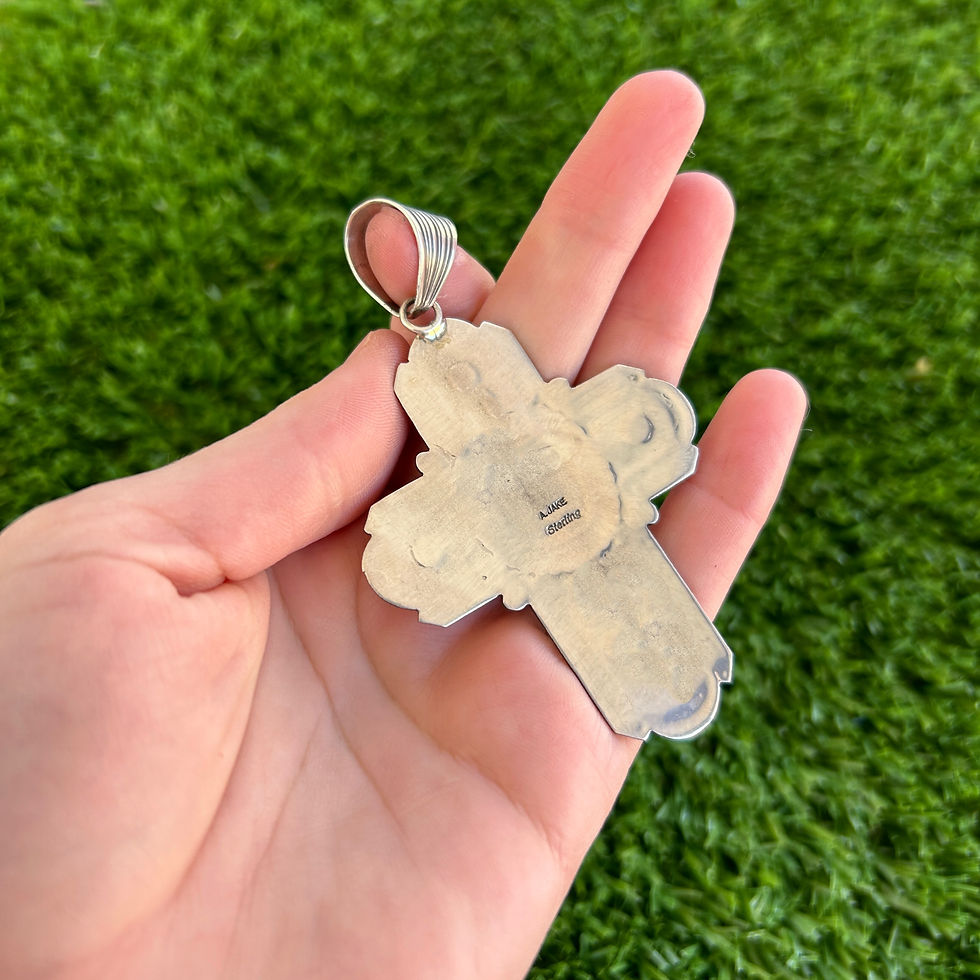 Thumbnail: Number 8 Turquoise Stamped Sterling Cross Pendant Handmade by Navajo Albert Jake