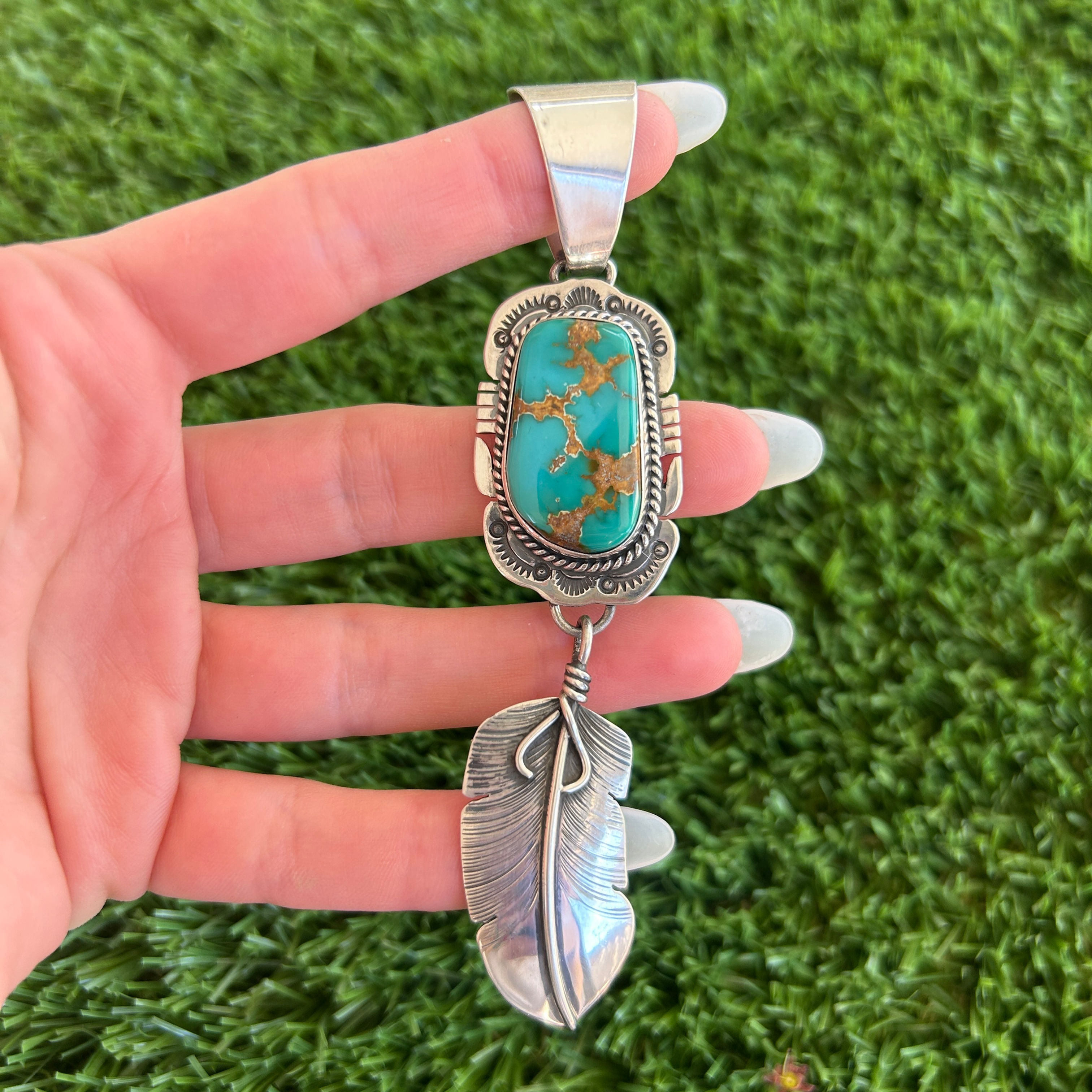 High Grade Royston Turq Sterling Feather Pendant 2 Handmade Navajo John Nelson