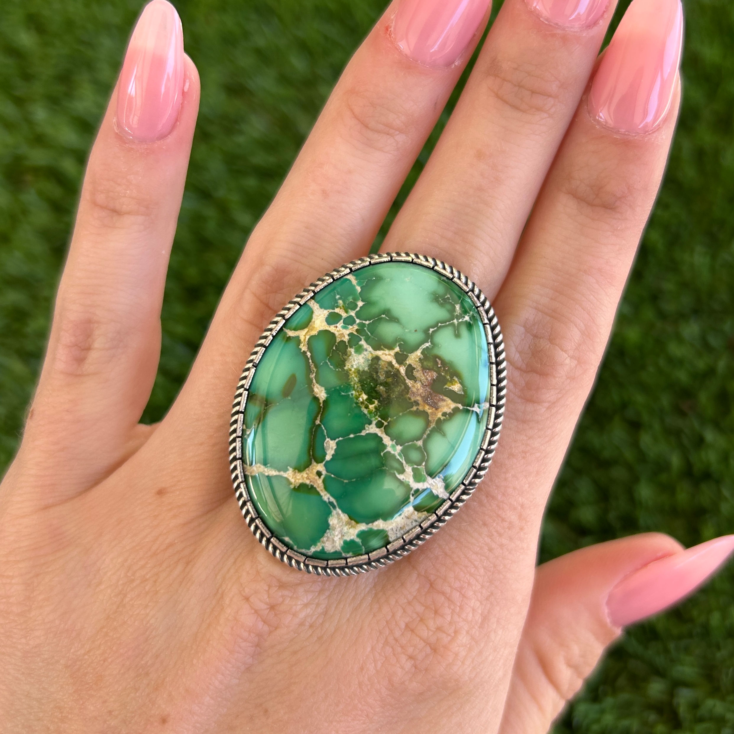 Gem Grade Emerald Sonoran Gold Turq Oversized Ring Handmade Navajo Albert Jake