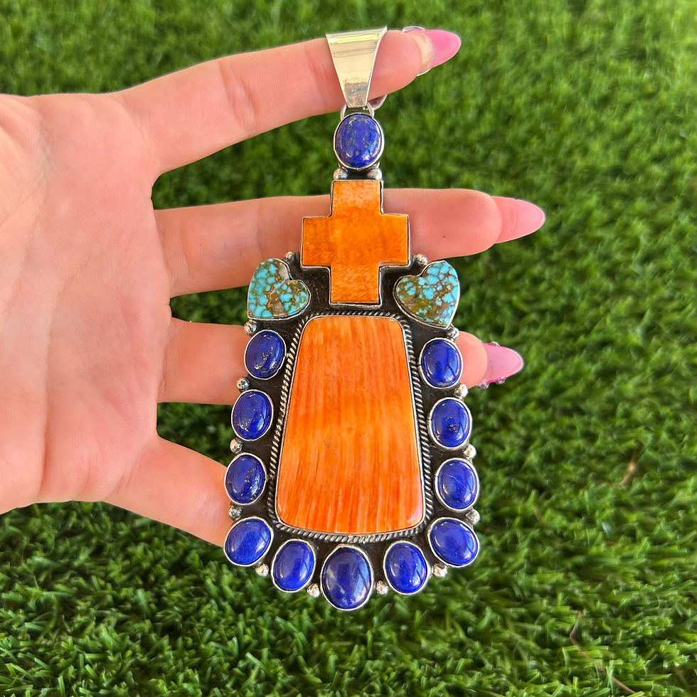 Orange Spiny, Lapis, Turquoise Cluster Pendant Handmade by Navajo Linda Yazzie