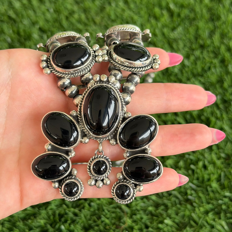 Thumbnail: Black Onyx Squash Blossom Necklace & Earring Set Handmade by Navajo Linda Yazzie