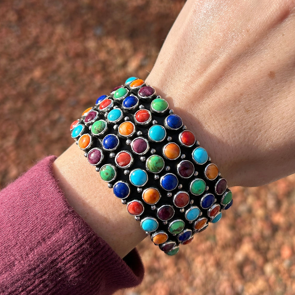 Thumbnail: 55-Stone Multi-Color Grid Sterling Silver Cuff Handmade by Navajo Happy Piasso