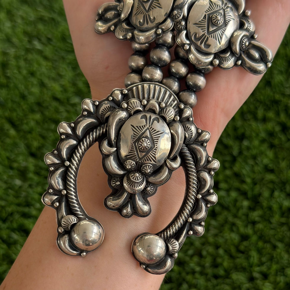 Thumbnail: 3D Appliqué Museum Sterling Squash Blossom Set Handmade by Navajo Delbert Gordon