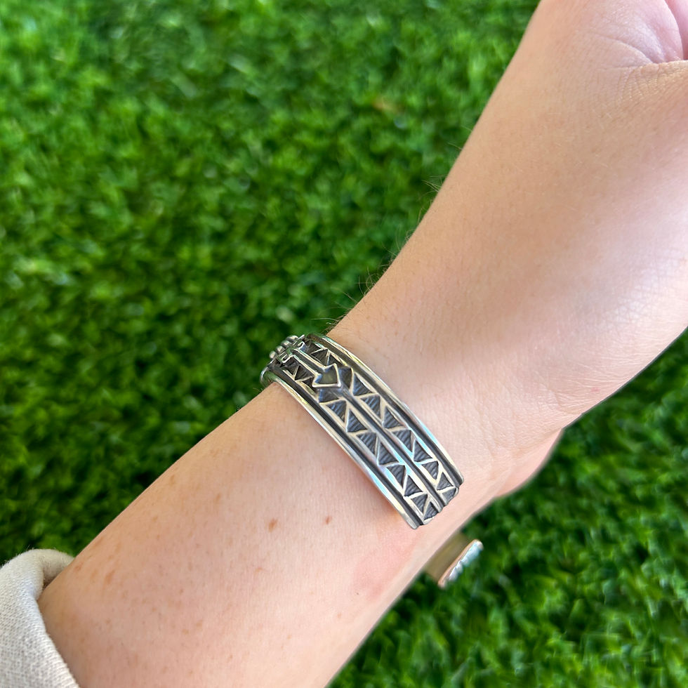 Thumbnail: Royston Turquoise Stamped Stacker Cuff Handmade by Navajo Tsosie White