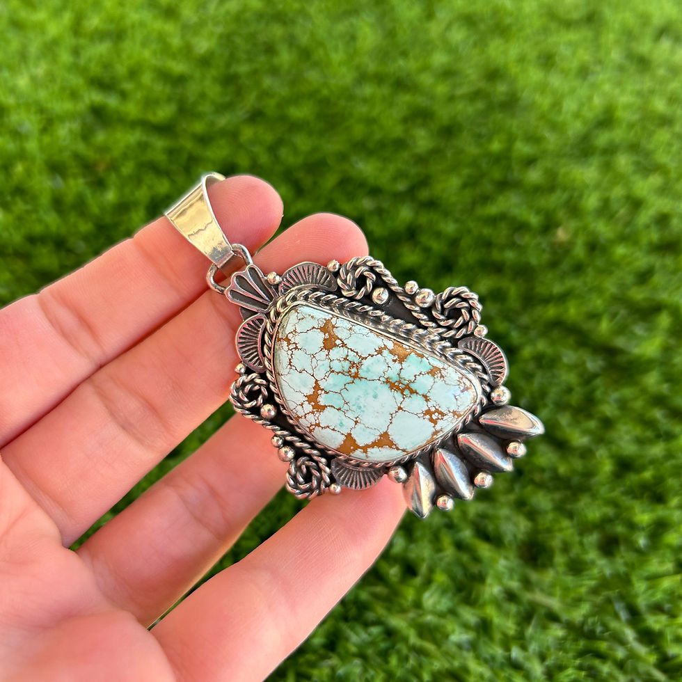 Thumbnail: MD Gem Grade Number 8 Turq Asymmetric Pendant Handmade by Navajo Geneva Apachito