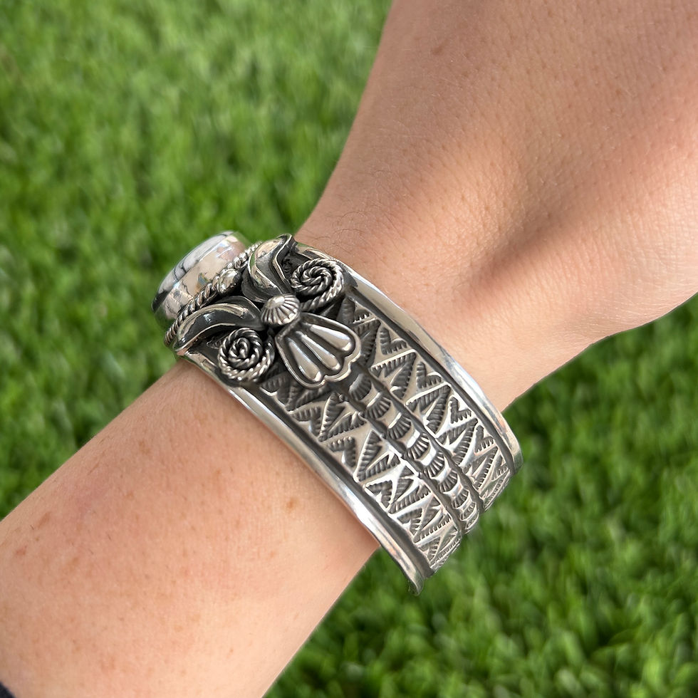 Thumbnail: S/M Oval White Buffalo Stampwork Stacker Cuff Handmade by Navajo Andy Cadman