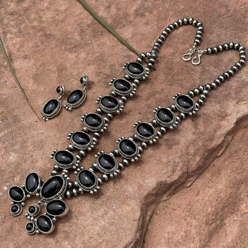 アクセサリー 0530-11352me Black Onyx Squash Blossom Necklace & Earring Set Handmade by