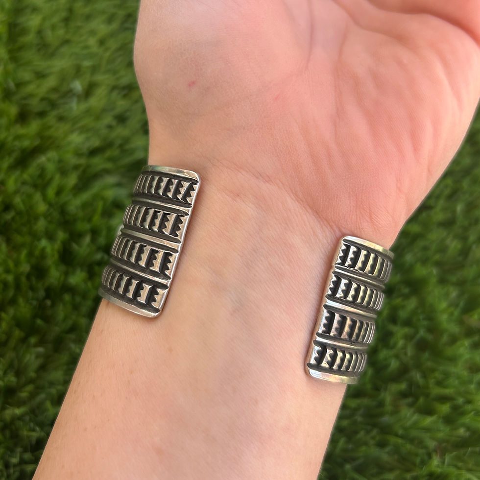 Thumbnail: SM Natural Dry Creek Turq Thunderbird Stamped Cuff Handmade Navajo Tsosie White