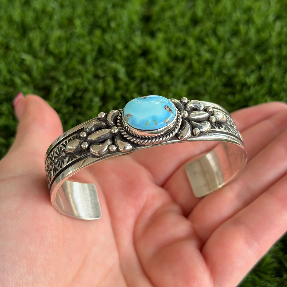 Thumbnail: S/M Golden Hills Turquoise Stacker Applique Cuff Handmade by Navajo Happy Piasso