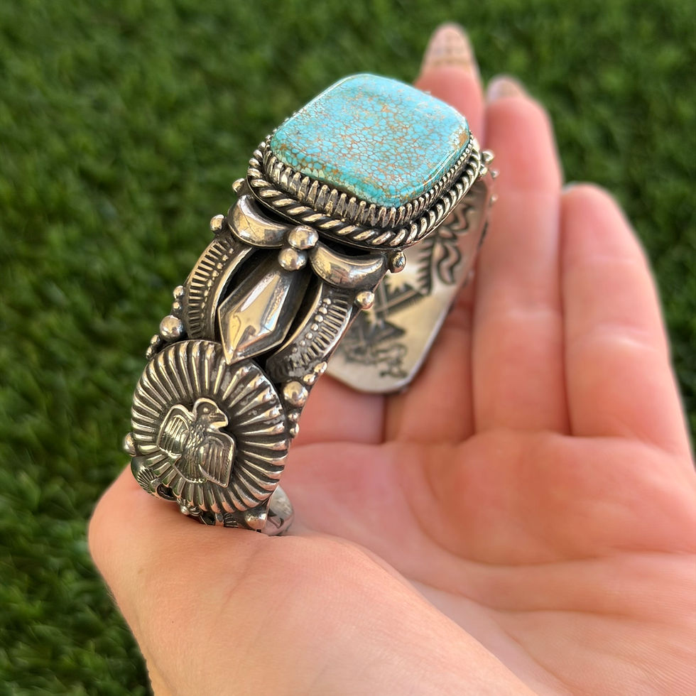 Miniature : RARE No. 8 Turq Appliqué Thunderbird 3D Cuff Handmade by Navajo Delbert Gordon