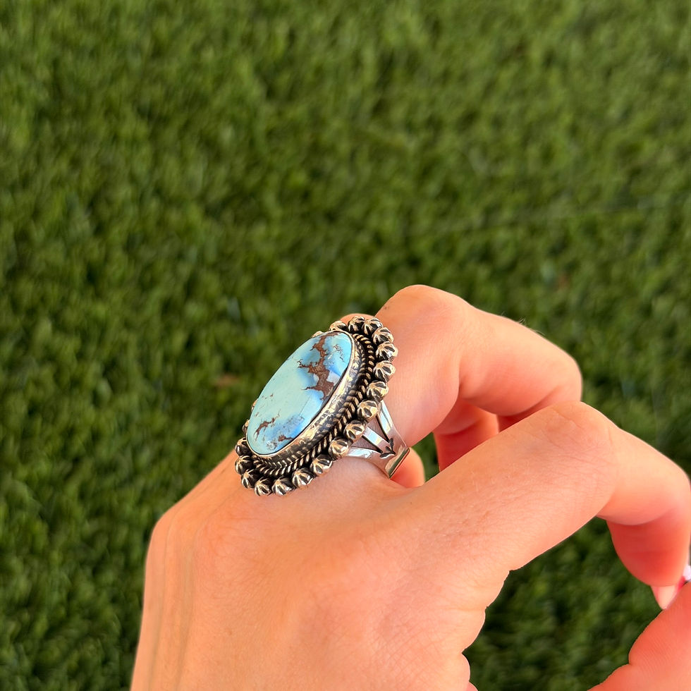 Thumbnail: Golden Hills Turquoise Oval Shot Ring Handmade by Navajo Happy Piasso