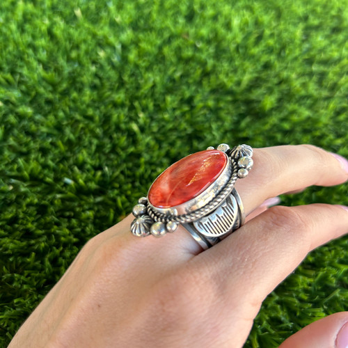 Natural Red Spiny Oyster Shell Heavy Gauge Ring Handmade by