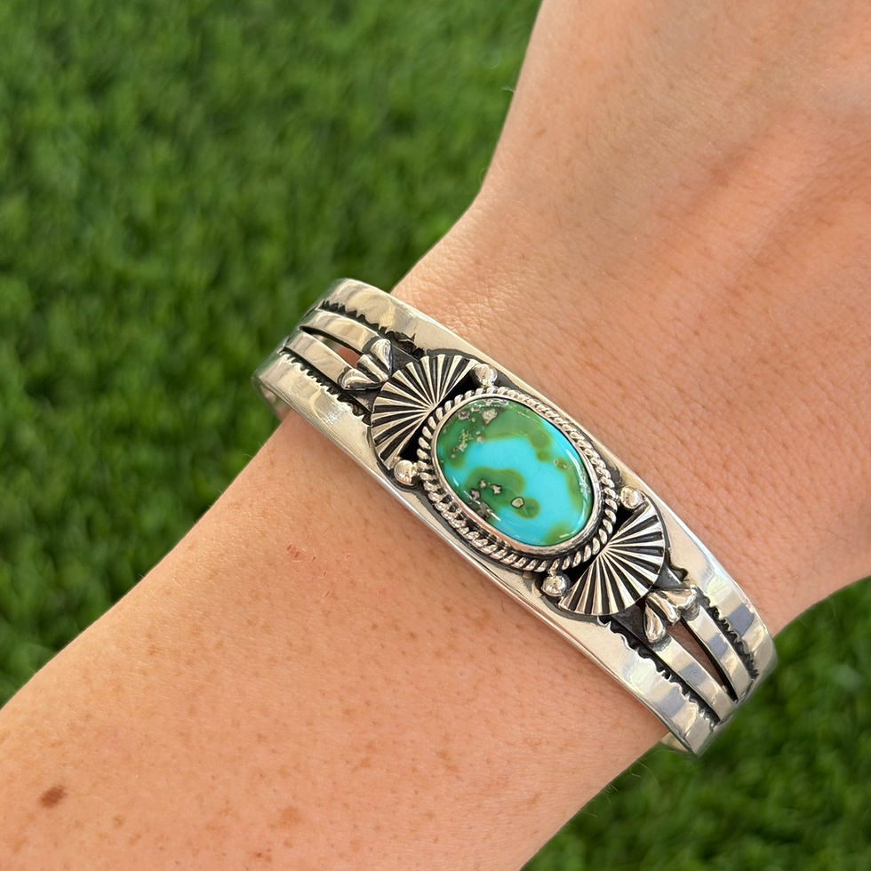 Miniature : Sonoran Gold Turq Shell Stamped Split Shank Cuff Handmade by Navajo Happy Piasso