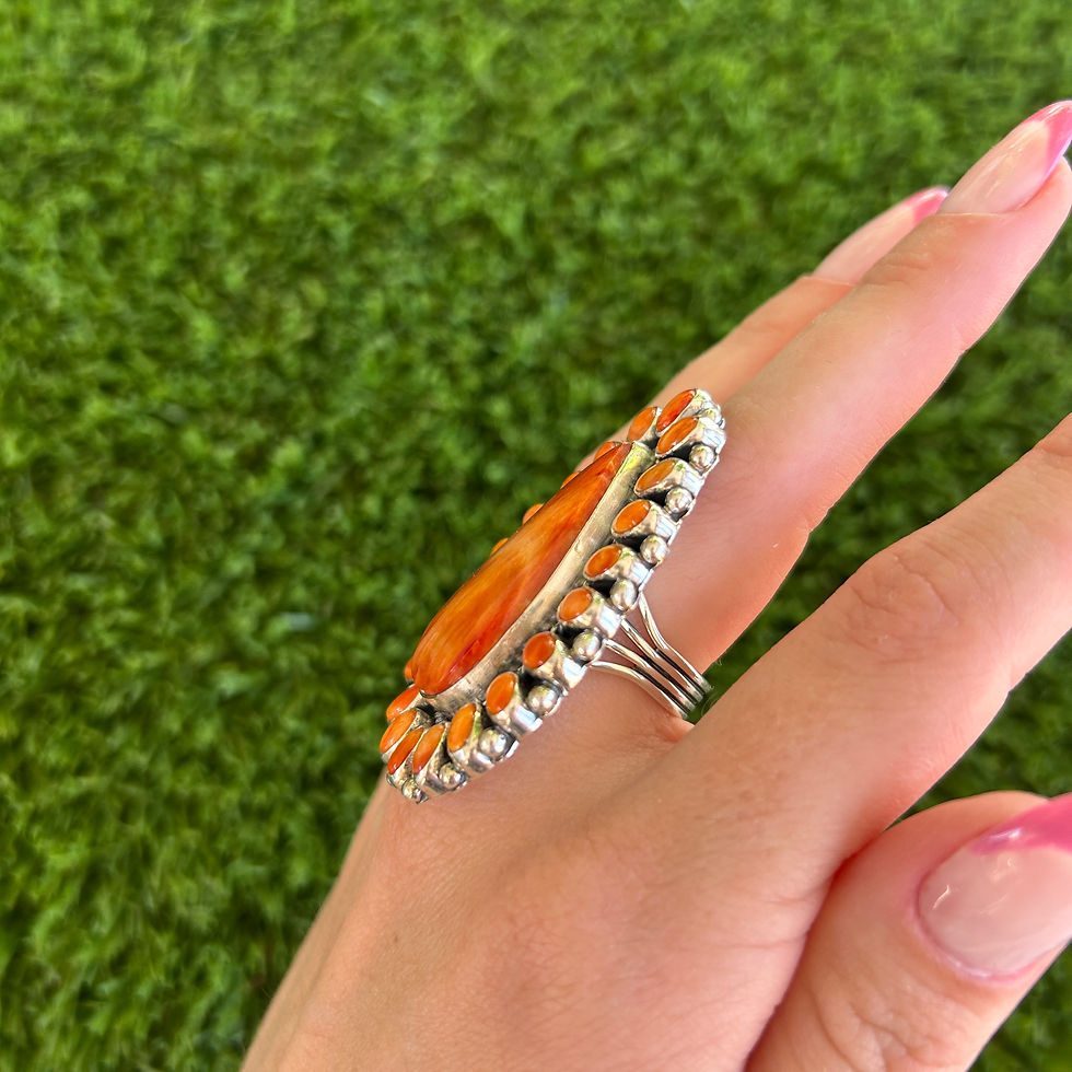 Thumbnail: Orange Spiny Oyster Teardrop Cluster Ring Handmade by Navajo LaRose Ganadonegro
