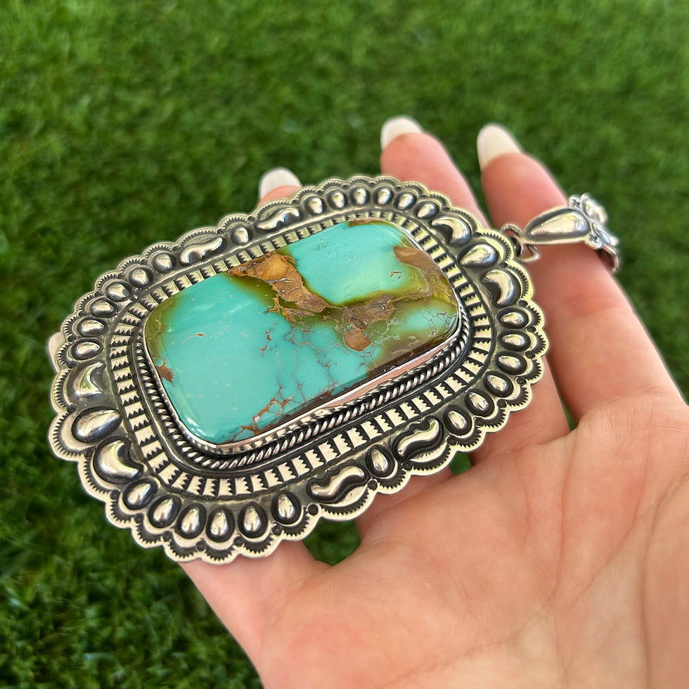 Miniature : Gem Grade Squoval Royston Turq Repoussé Pendant Handmade by Navajo Tsosie White