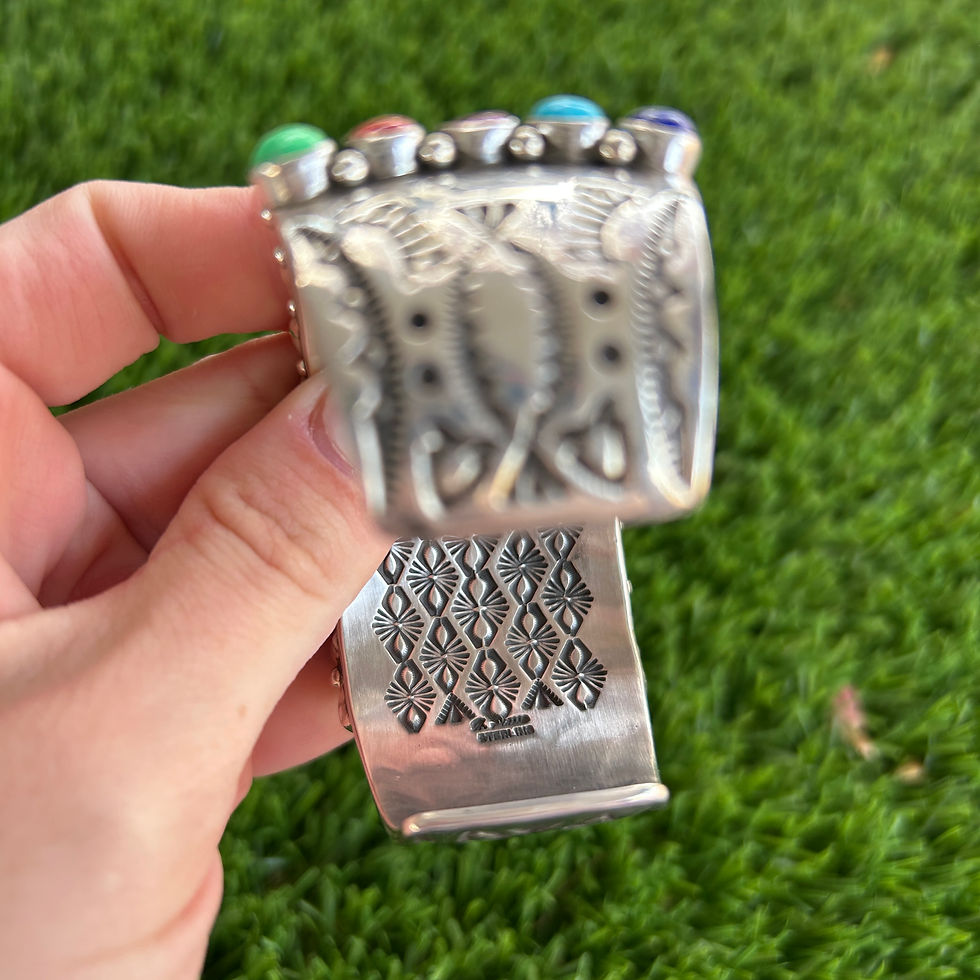 Thumbnail: 55-Stone Multi-Color Grid Sterling Silver Cuff Handmade by Navajo Happy Piasso