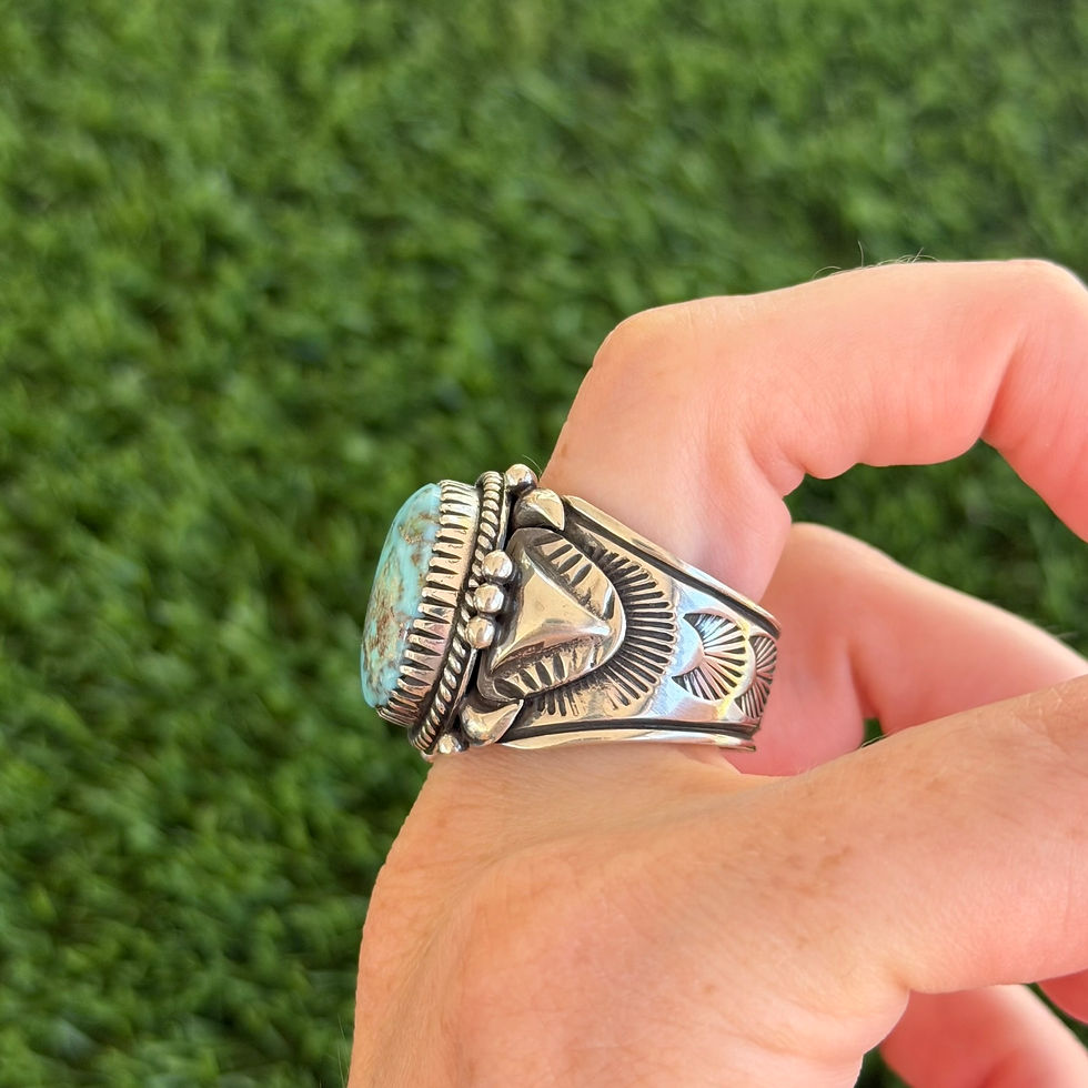 Thumbnail: RARE Size 12.5 Gem Dry Creek Strlg. Appliqué Ring Handmade Navajo Delbert Gordon