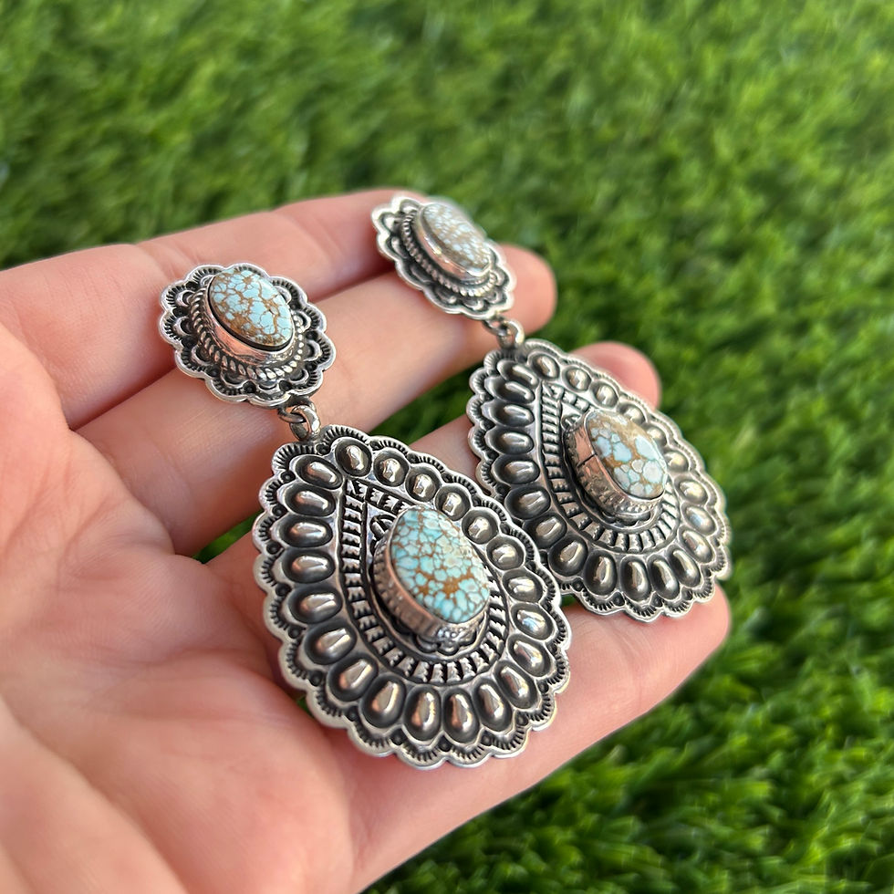 Miniature : Natural Number 8 Turq Repoussé Drop Stud Earrings 1 Handmade Navajo Tsosie White