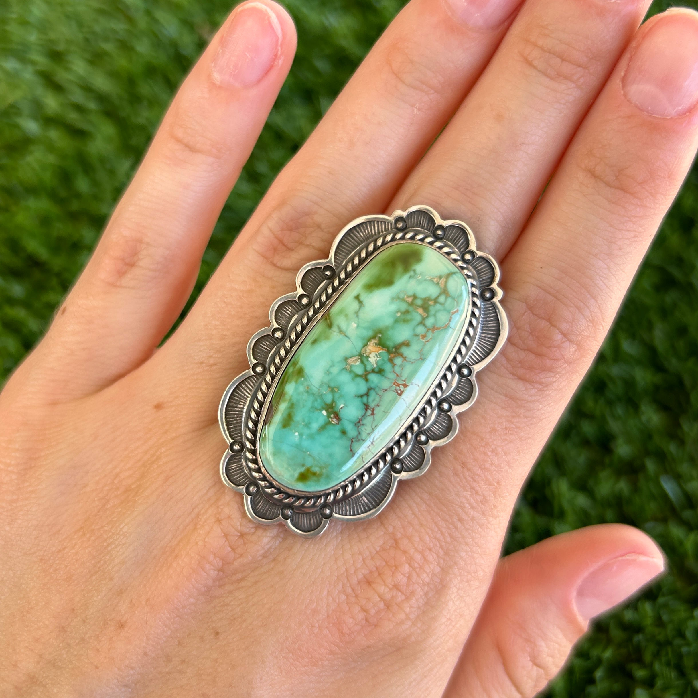 Royston Turquoise Minty Oval Stampwork Ring Handmade by Navajo Happy Piasso