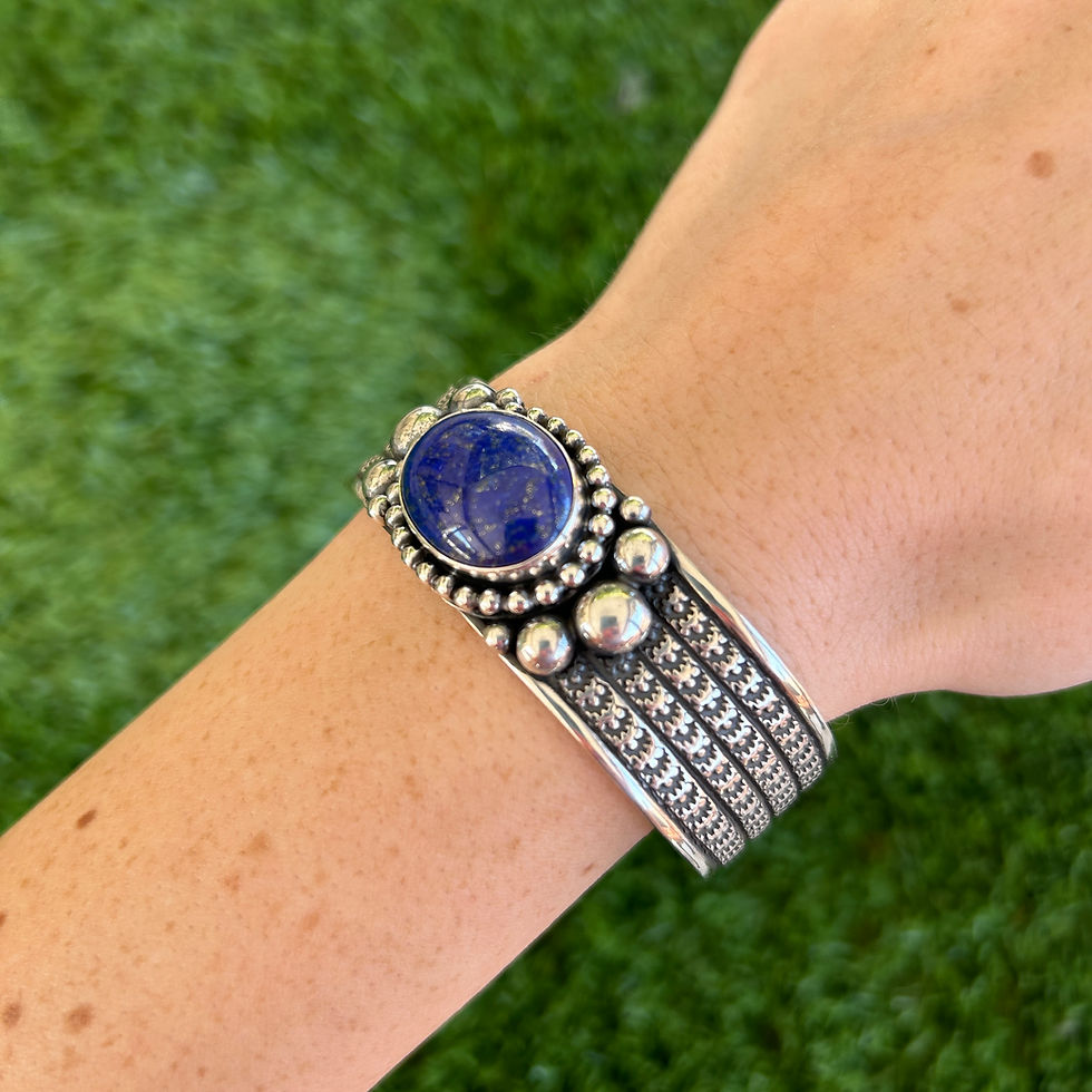 Thumbnail: Deep Cobalt Lapis Lazuli Stacker Bubble Applique Cuff Handmade Navajo Guy Hoskie