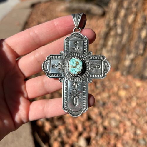 Number 8 Turquoise Stamped Sterling Cross Pendant Handmade by