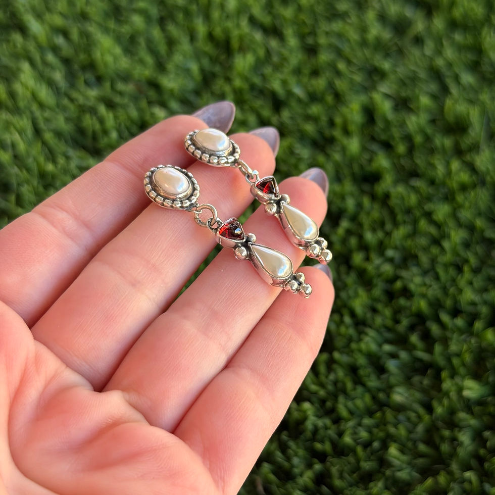 Thumbnail: Freshwater Pearl and Garnet Stud Dangle Earrings Navajo Handmade (Artist Unknown