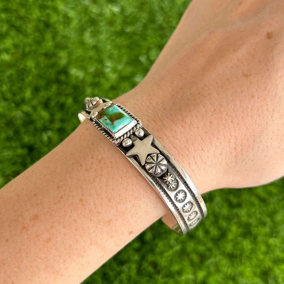 Thumbnail: LG Royston Turquoise Sterling Star Stacker Cuff Handmade by Navajo Happy Piasso