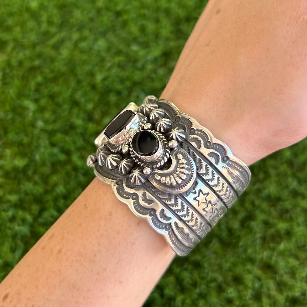 Thumbnail: RARE Darryl Becenti Black Onyx Star Stud Sterling Silver Cuff Navajo Handmade