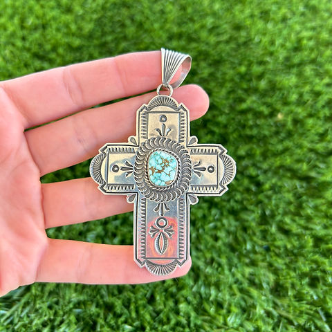 Number 8 Turquoise Stamped Sterling Cross Pendant Handmade by
