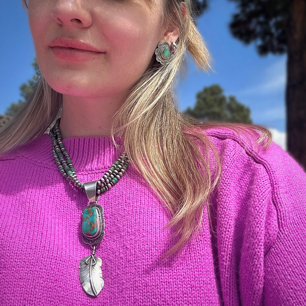 Miniature : High Grade Royston Turq Sterling Feather Pendant 2 Handmade Navajo John Nelson