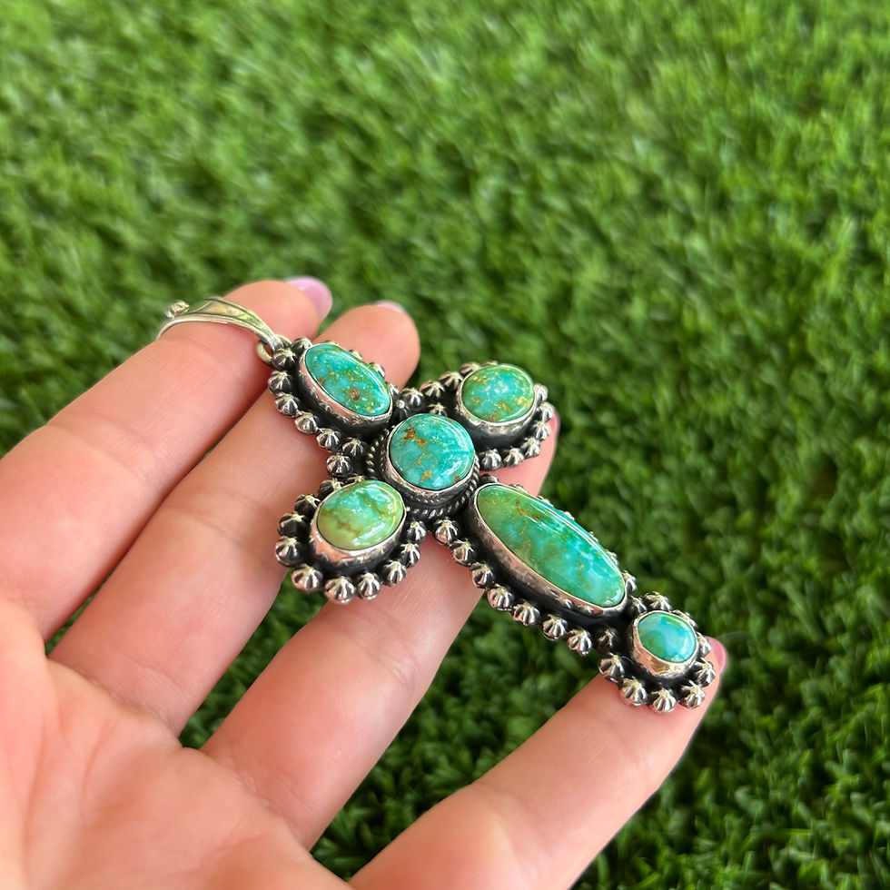Thumbnail: Sonoran Gold Turquoise Star Stud Cross Pendant Handmade by Navajo Happy Piasso