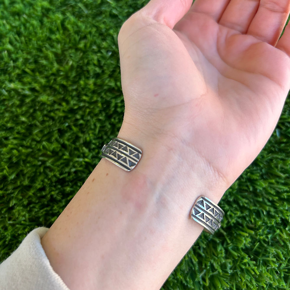 Thumbnail: Royston Turquoise Stamped Stacker Cuff Handmade by Navajo Tsosie White