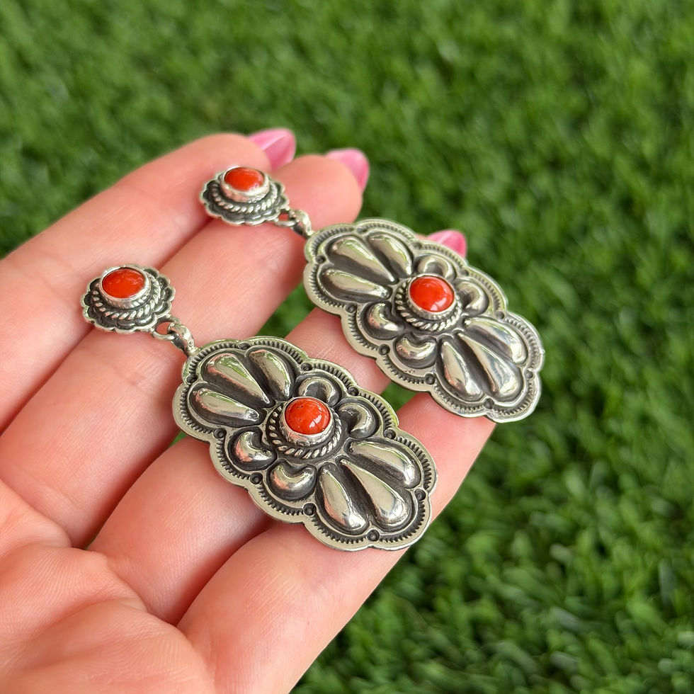 Miniature : Natural Red Coral Concho Repoussé Stud Earrings Handmade Navajo Tsosie White