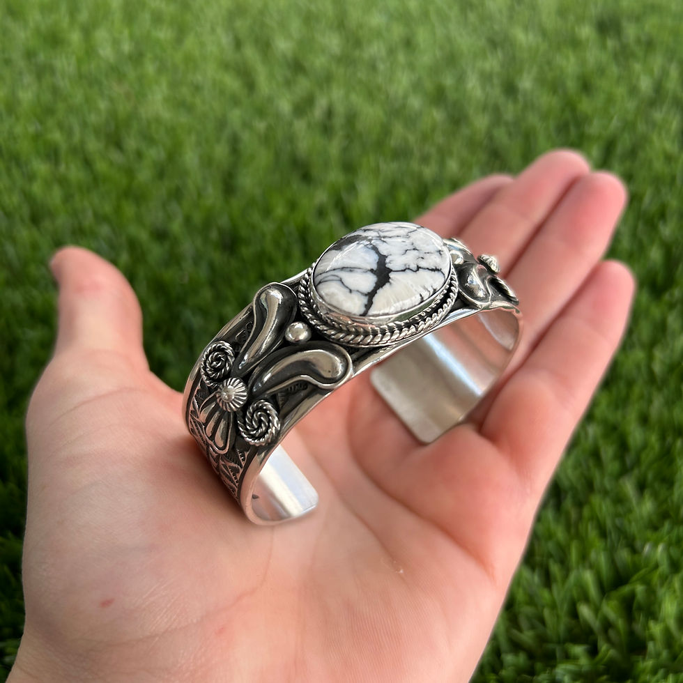 Thumbnail: S/M Oval White Buffalo Stampwork Stacker Cuff Handmade by Navajo Andy Cadman