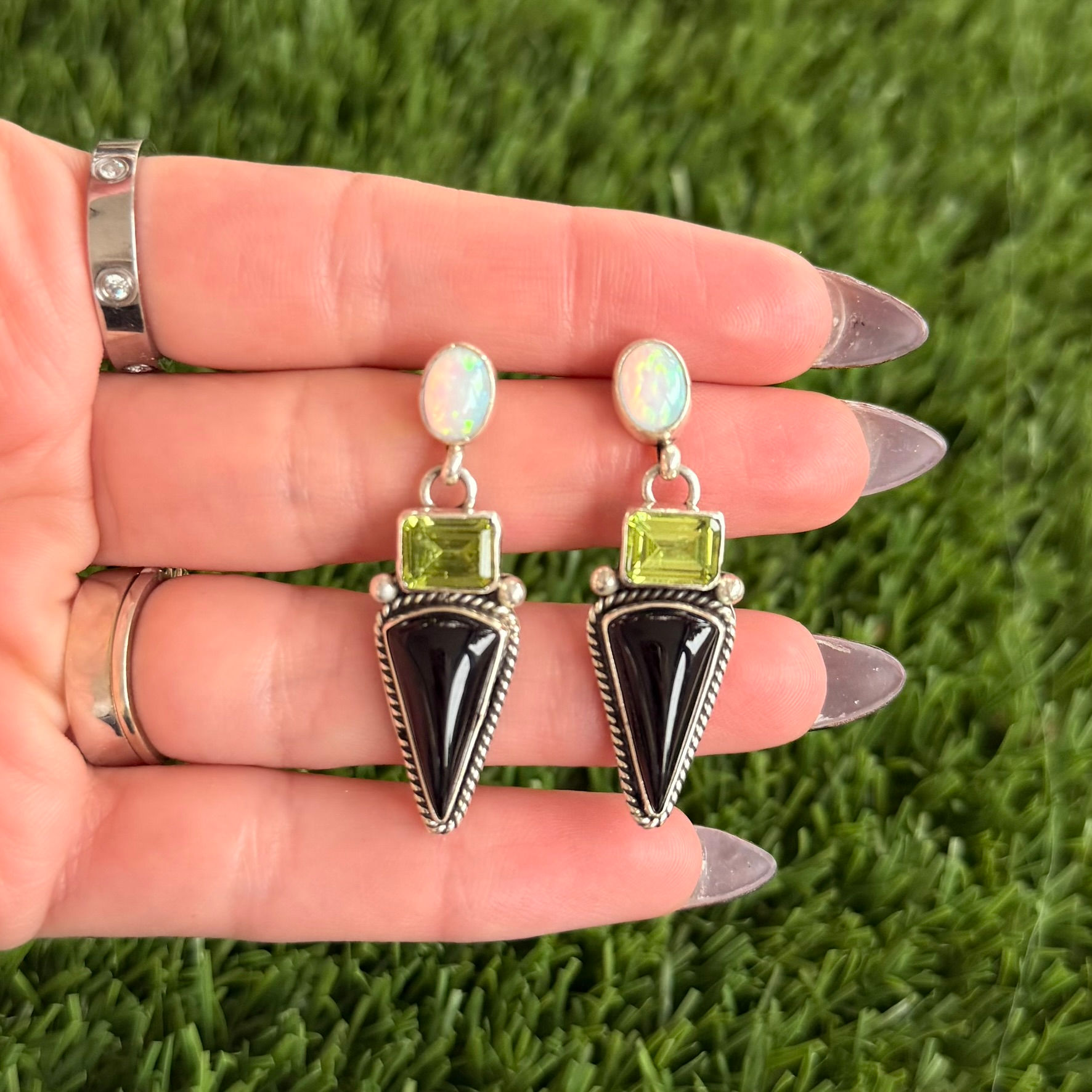 Black Onyx, Peridot & Synthetic Opal Earrings Handmade Navajo LaRose Ganadonegro