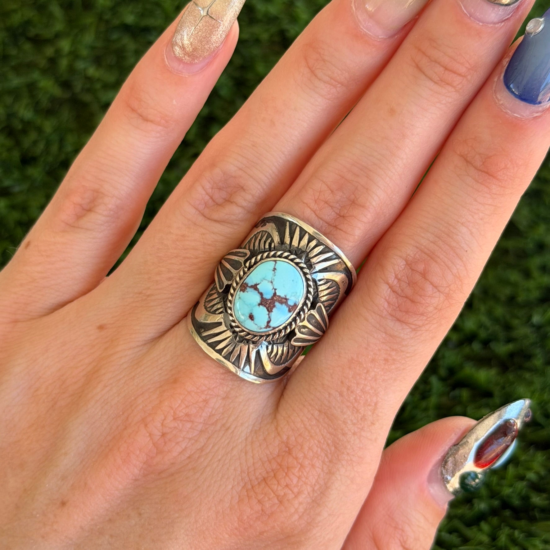 Golden Hills Turq Stamp Tapered Cigar Band Ring 2 Handmade Navajo Derrick Gordon
