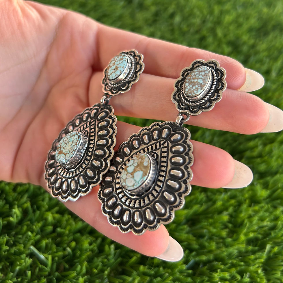 Miniature : Natural Number 8 Turq Repoussé Drop Stud Earrings 1 Handmade Navajo Tsosie White
