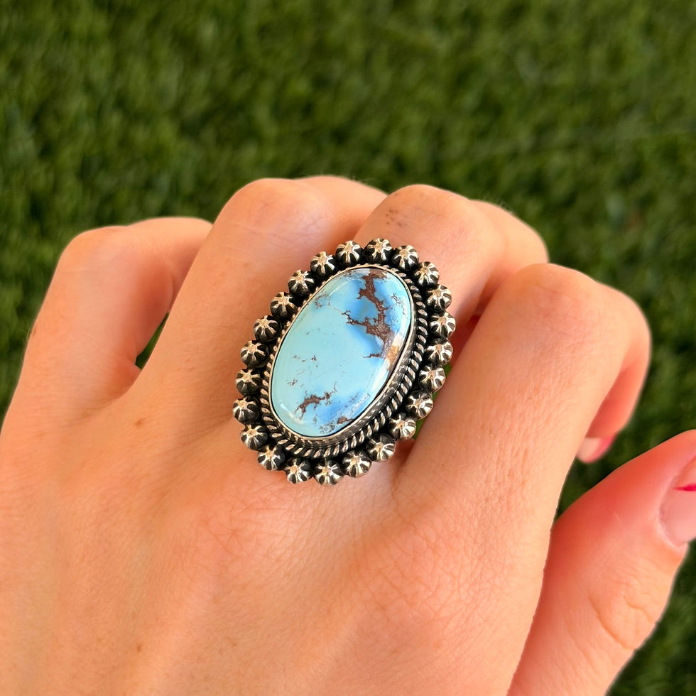 Thumbnail: Golden Hills Turquoise Oval Shot Ring Handmade by Navajo Happy Piasso