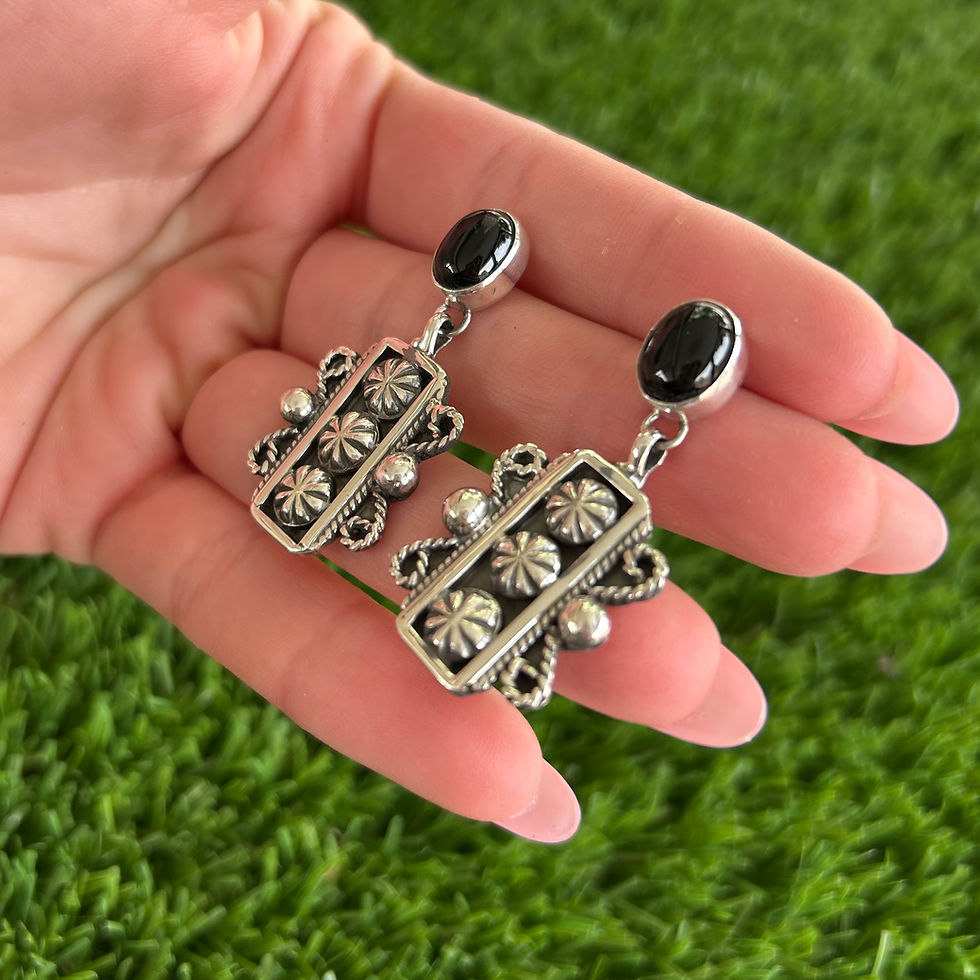 Thumbnail: Black Onyx Sterling Silver Ornamented Earrings Handmade Navajo Geneva Apachito