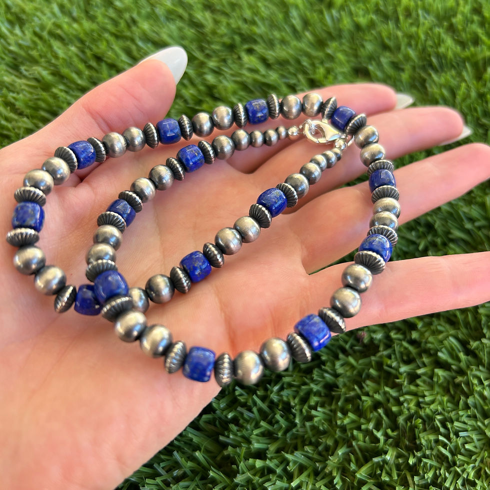 Thumbnail: 18" 7mm Lapis Lazuli Navajo Pearl Sterling SIlver Necklace 2 Navajo Handfinished