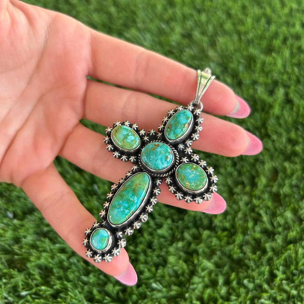 Thumbnail: Sonoran Gold Turquoise Star Stud Cross Pendant Handmade by Navajo Happy Piasso