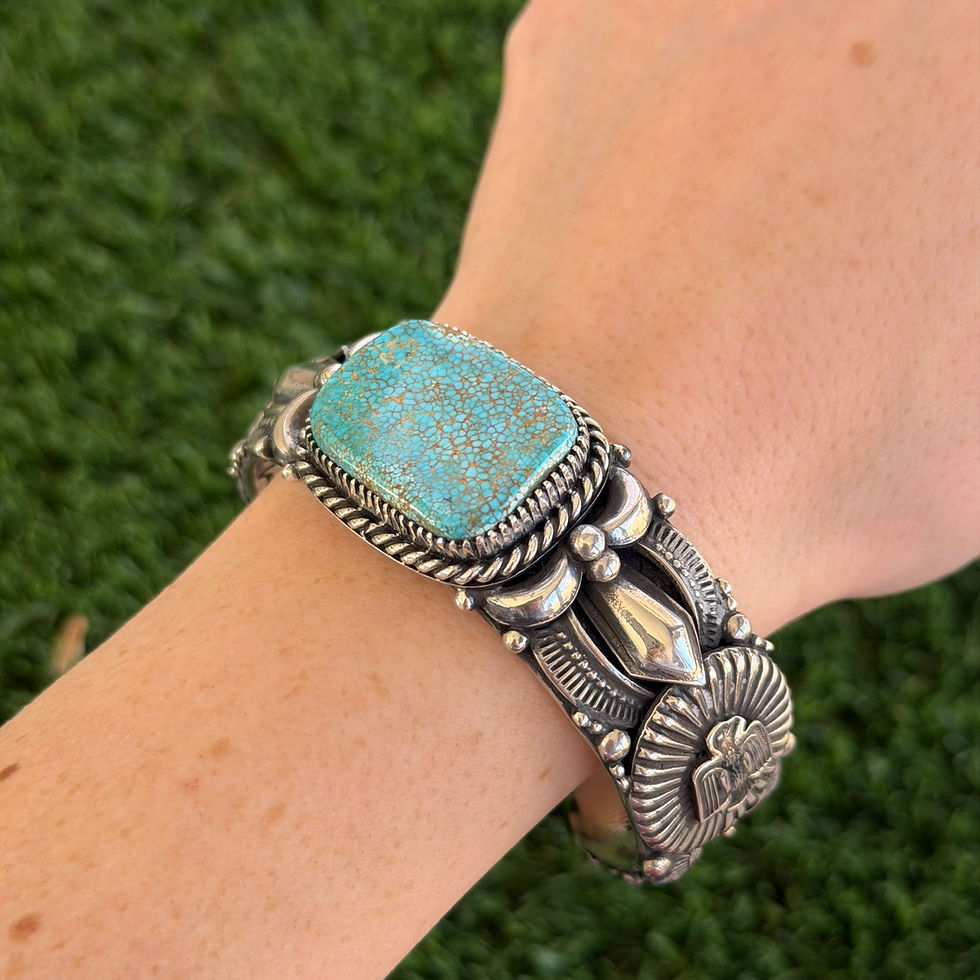 Miniature : RARE No. 8 Turq Appliqué Thunderbird 3D Cuff Handmade by Navajo Delbert Gordon