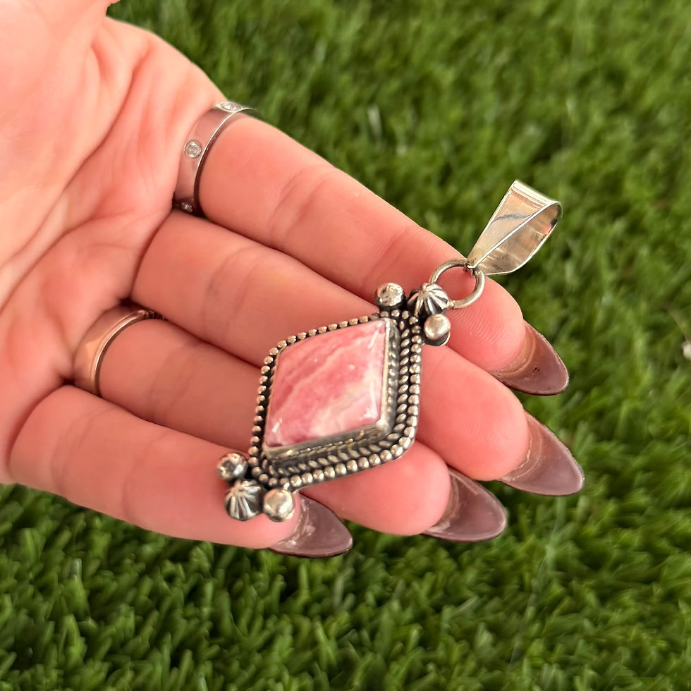 Miniature : Rhodochrosite Diamond Twist and Beadwire Pendant Handmade by Navajo Calvin Belen
