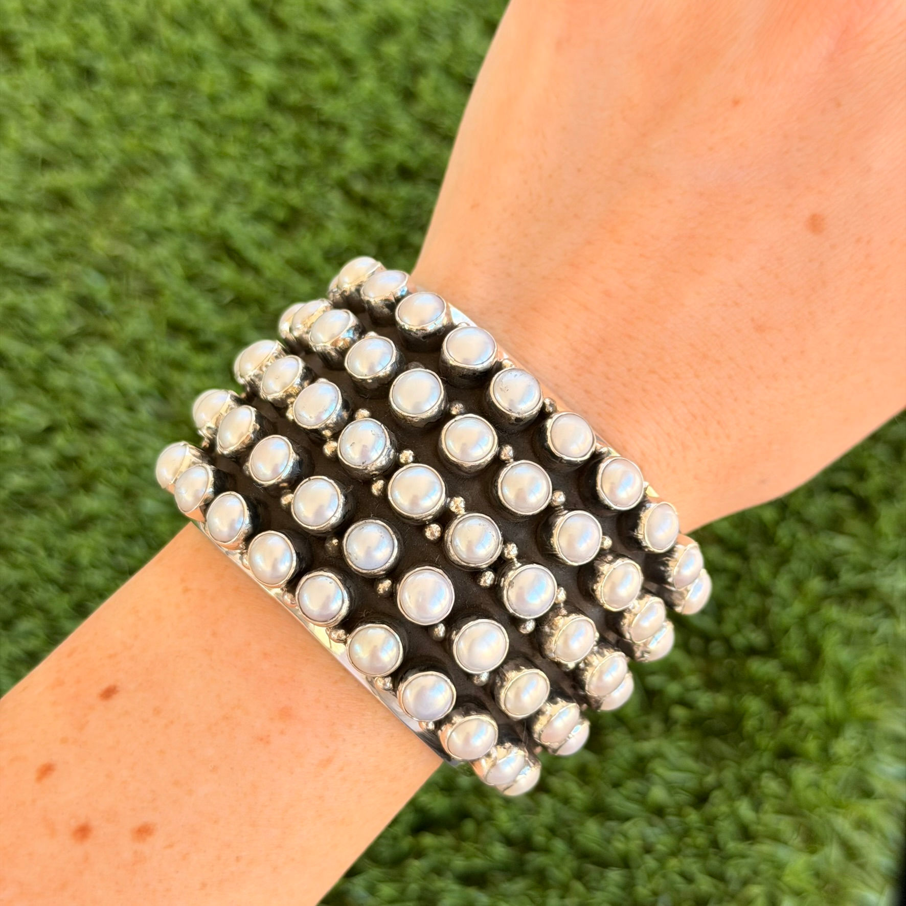 55-Stone Freshwater Pearl Grid Sterling Silver Cuff Handmade Navajo Happy Piasso